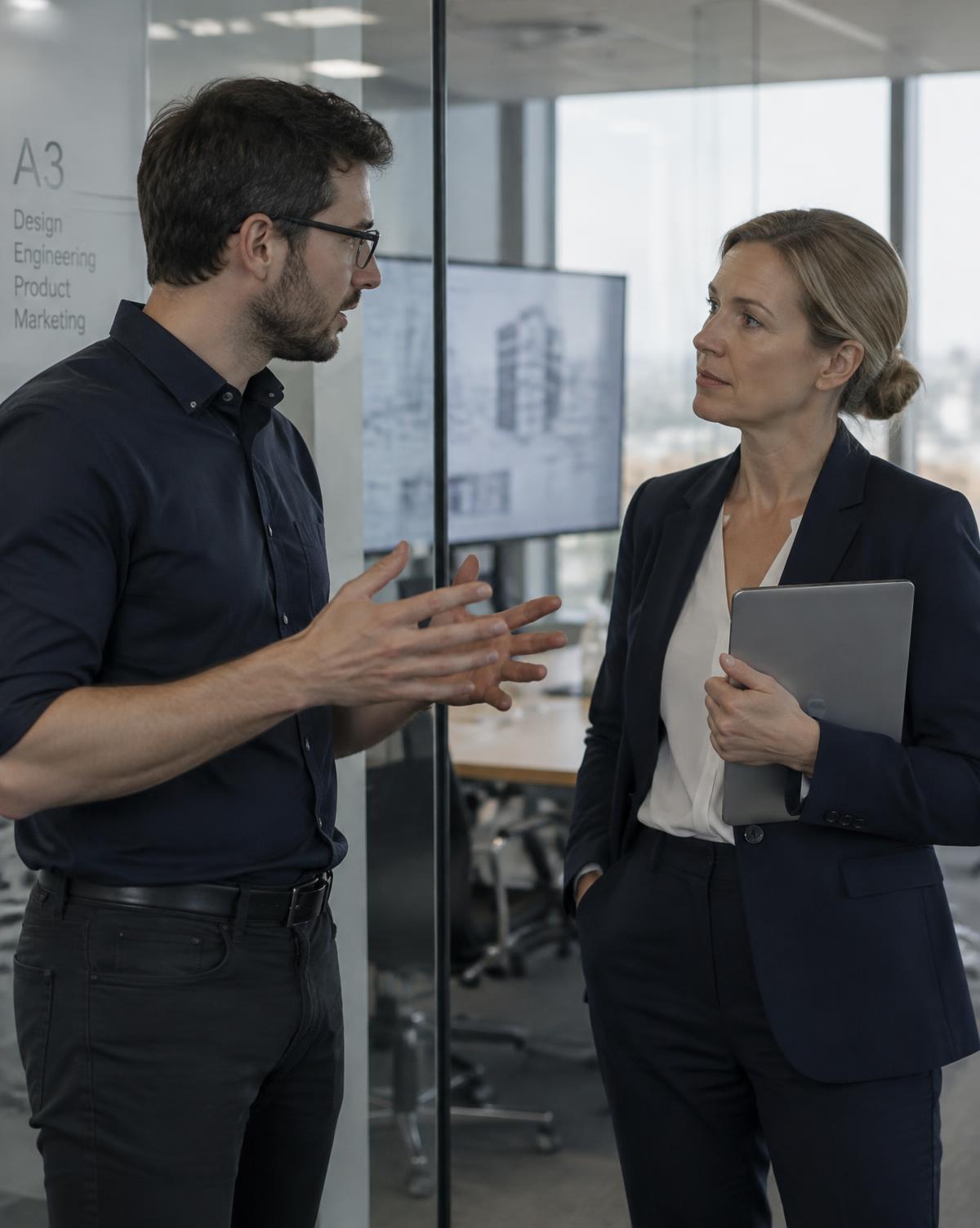 A CloudNXT consultant discussing a project with a client stakeholder beside a meeting room