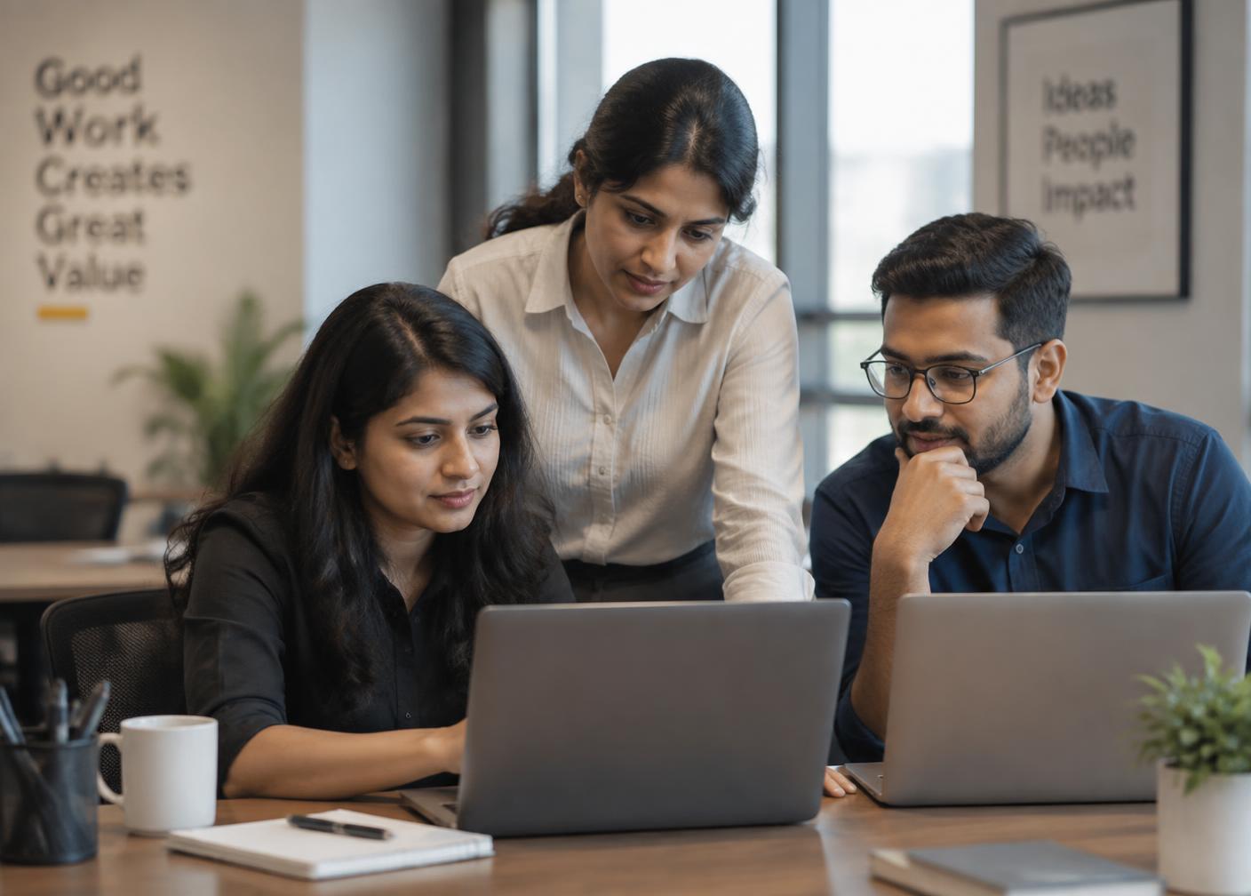 Three CloudNXT colleagues reviewing work together at a shared desk in the office